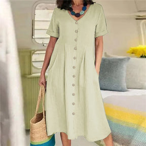Women’s Clothing Summer Casual V Neck Short Sleeve Cotton Linen Midi Dress Solid Loose High Waist