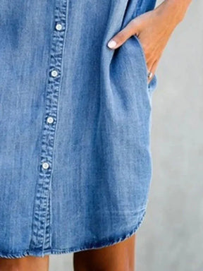 Summer New Single Breasted Denim Shirt Dress Womens Casual Loose Pocket Simple Retro Commuter Female