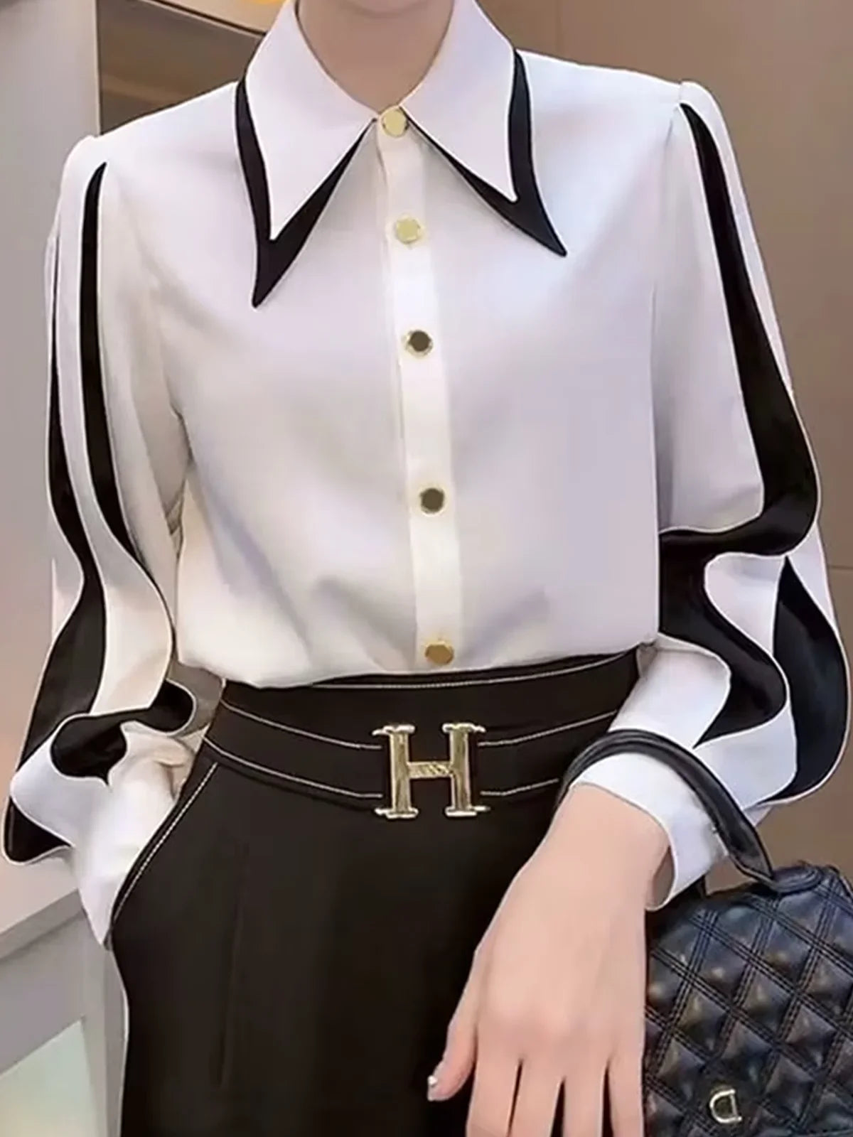 Camisa De Botão Com Bloco Cores Urbanas Branca Preto / P