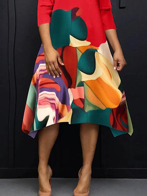 Vestido Midi Solto Com Decote Redondo E Manga Curta Abstrato Elegante