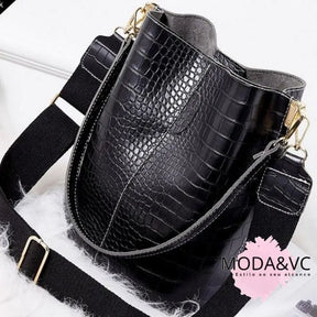 Bolsa De Couro Legítimo - Crocodilo Trendy Preta Fashion