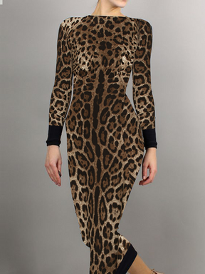 Vestido Longo Justo Com Estampa De Leopardo Decote Canoa Elegante E Alta Elasticidade P
