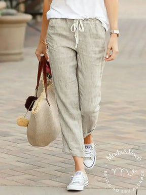 Women Elastic Drawstring Waist Cotton Linen Wide Leg Ankle Pants Summer Female Long Loose Trousers