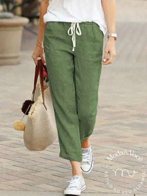 Women Elastic Drawstring Waist Cotton Linen Wide Leg Ankle Pants Summer Female Long Loose Trousers