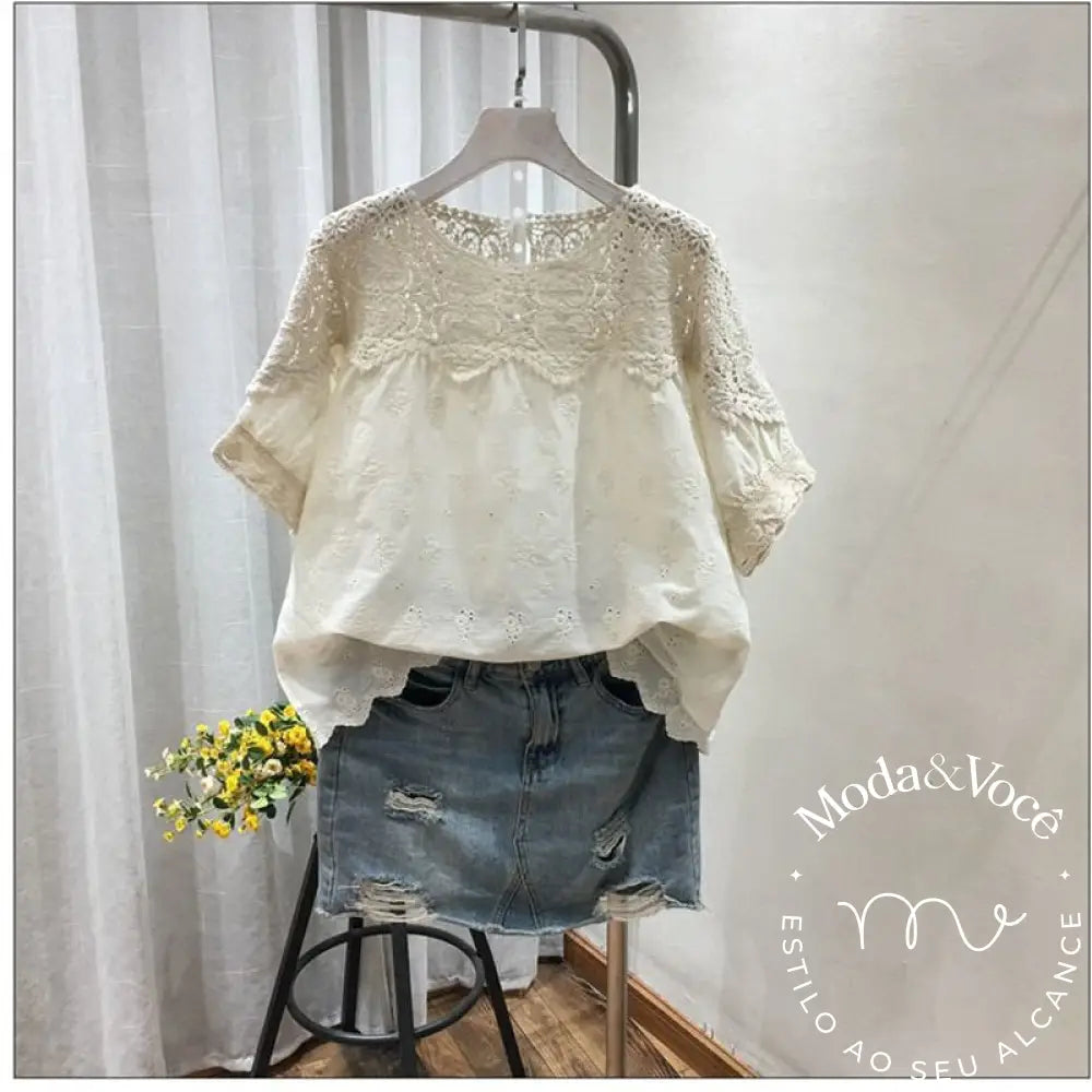 Cotton Embroidery Hollow Short-Sleeved Shirt Female 2023 Summer New Korean Design Sense Of Fashion