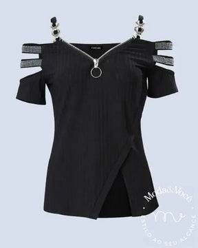 Fashion Y2K Women’s Top 2023 Summer Casual Rhinestone Decoration Zipper Details Split Bottom Cold