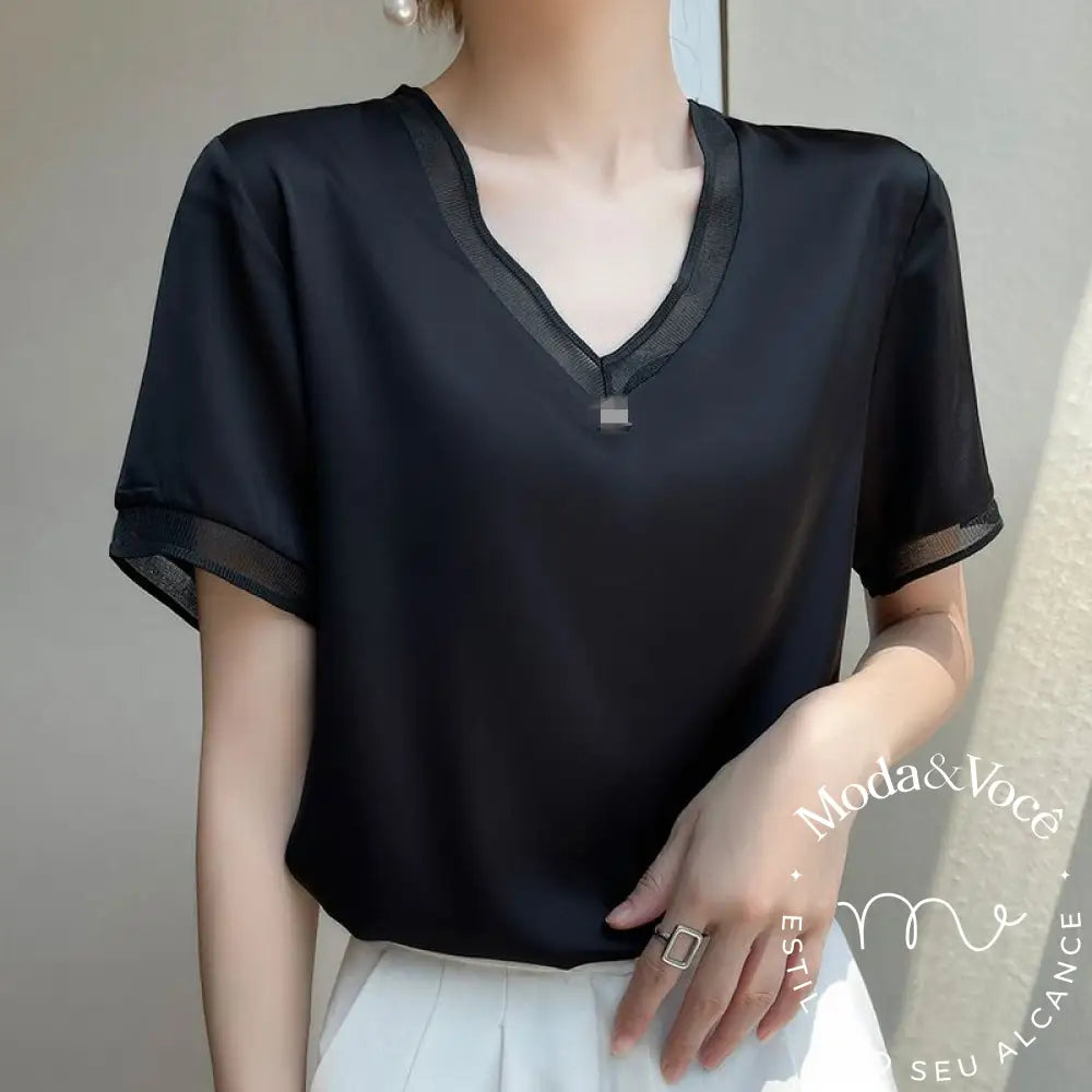 Camisa De Seda Deise Preta - Gola V / M