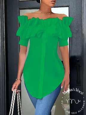 Blusa Elegante De Manga Curta Com Babados E Botões Verde / P