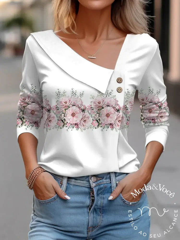 T Shirt For Women Fashion Long Sleeve Top White Floral Print Shirts And Blouses Autumn Winter