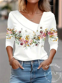 T Shirt For Women Fashion Long Sleeve Top White Floral Print Shirts And Blouses Autumn Winter