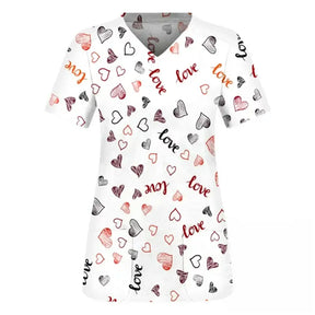 Love Womens T - Shirts Medical Nursing Uniform Stretch Ombre Print V - Neck Short Sleeve T Shirt