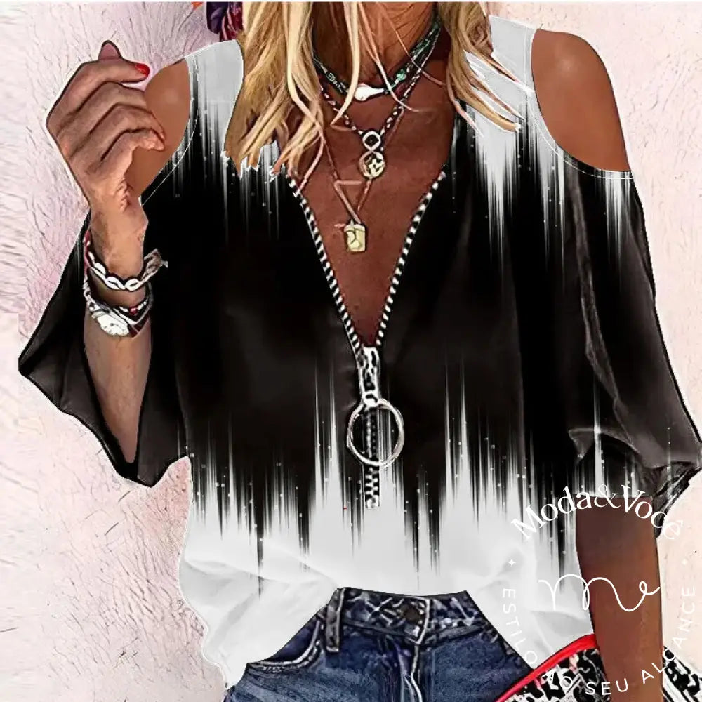 New Elegant Off Shoulder Shirt Blouse Women Casual Letter Print V Neck Zipper Tops Patchwork Loose