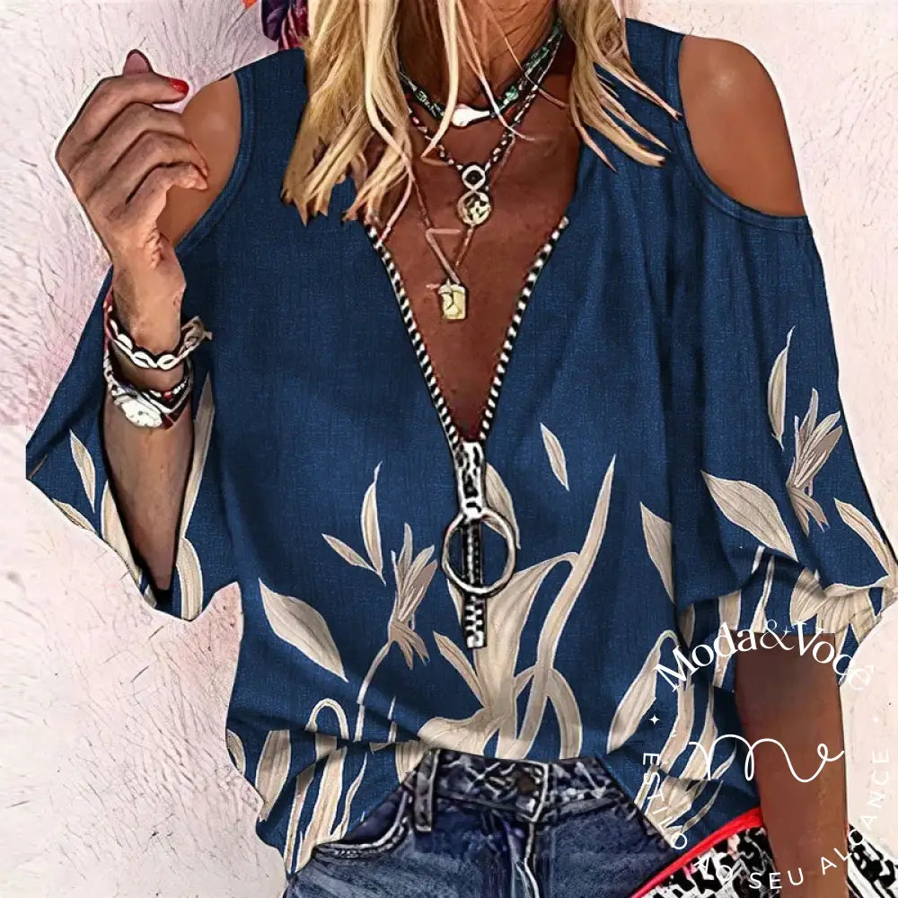 New Elegant Off Shoulder Shirt Blouse Women Casual Letter Print V Neck Zipper Tops Patchwork Loose