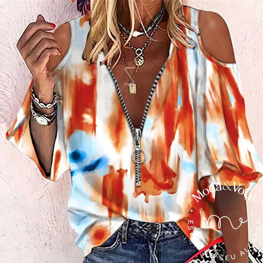 New Elegant Off Shoulder Shirt Blouse Women Casual Letter Print V Neck Zipper Tops Patchwork Loose