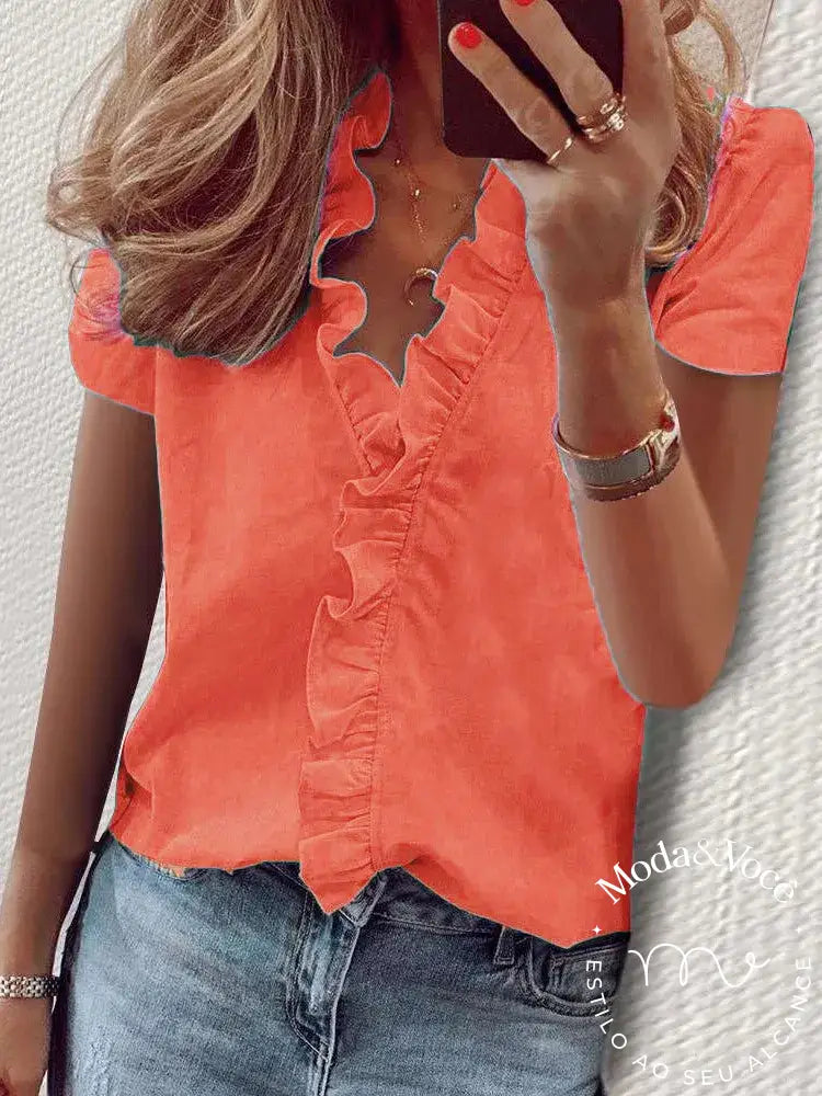 Women Elegant Short Sleeve Ruffles V Neck Blouse Casual Office Lady Loose Shirt Vintage Harajuku