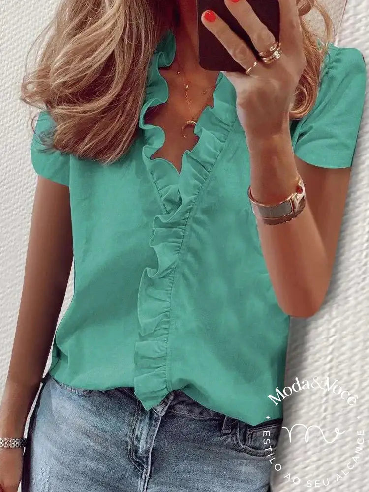 Women Elegant Short Sleeve Ruffles V Neck Blouse Casual Office Lady Loose Shirt Vintage Harajuku