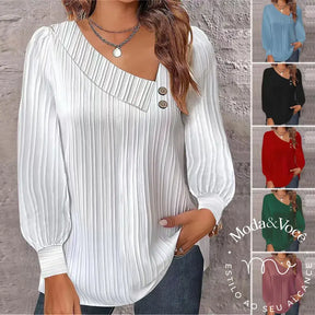 2024 Spring/Summer New Simple V - Neck T - Shirt Women’s Solid Color Long Sleeve Shirt Oblique