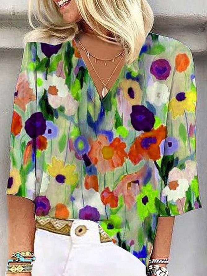 Blusa Feminina Manga 3/4 Verão Abstrato Floral Colorido Decote Em V Diário Para Sair Casual Top