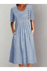 Vestido Midi Feminino Listrado Com Decote Redondo E Manga Curta Confortável Casual Fivela