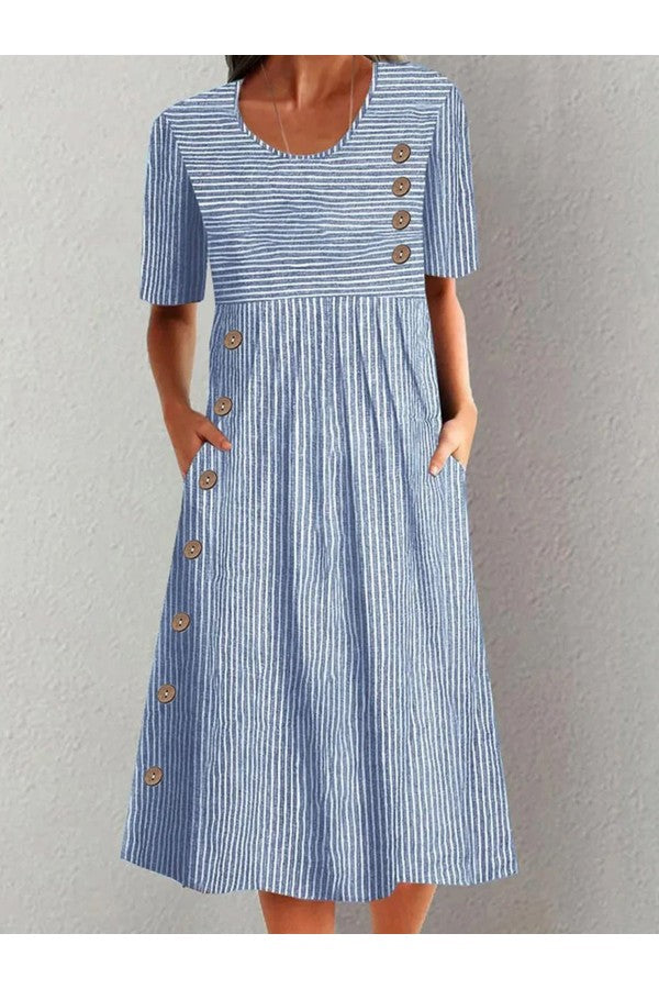 Vestido Midi Feminino Listrado Com Decote Redondo E Manga Curta Confortável Casual Fivela