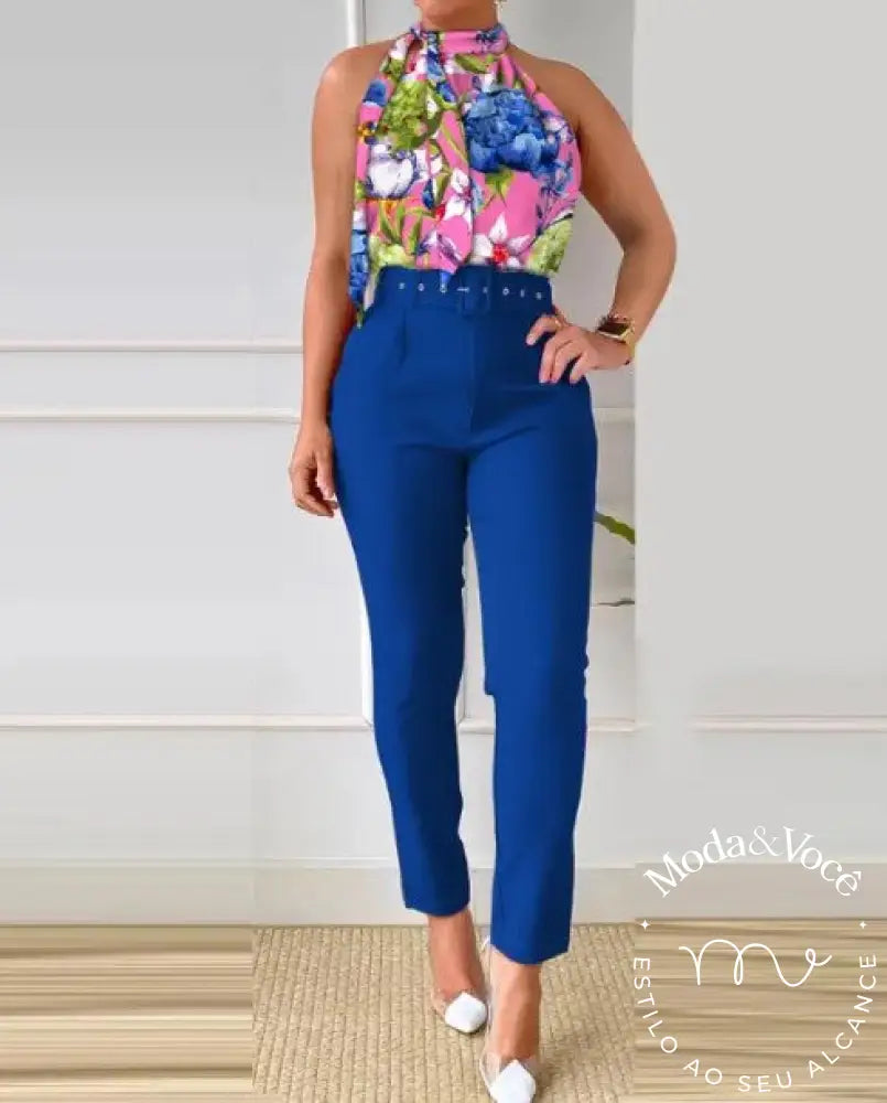 Conjunto De Regata Com Estampa Floral Gola E Calça Cintura Alta