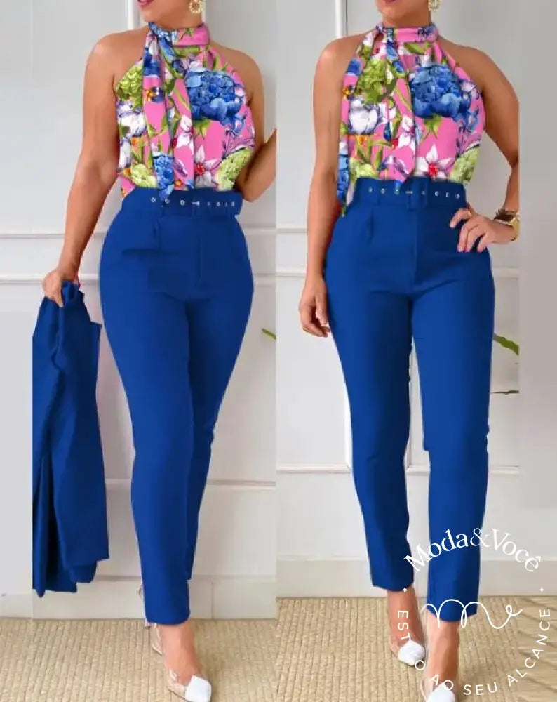 Conjunto De Regata Com Estampa Floral Gola E Calça Cintura Alta