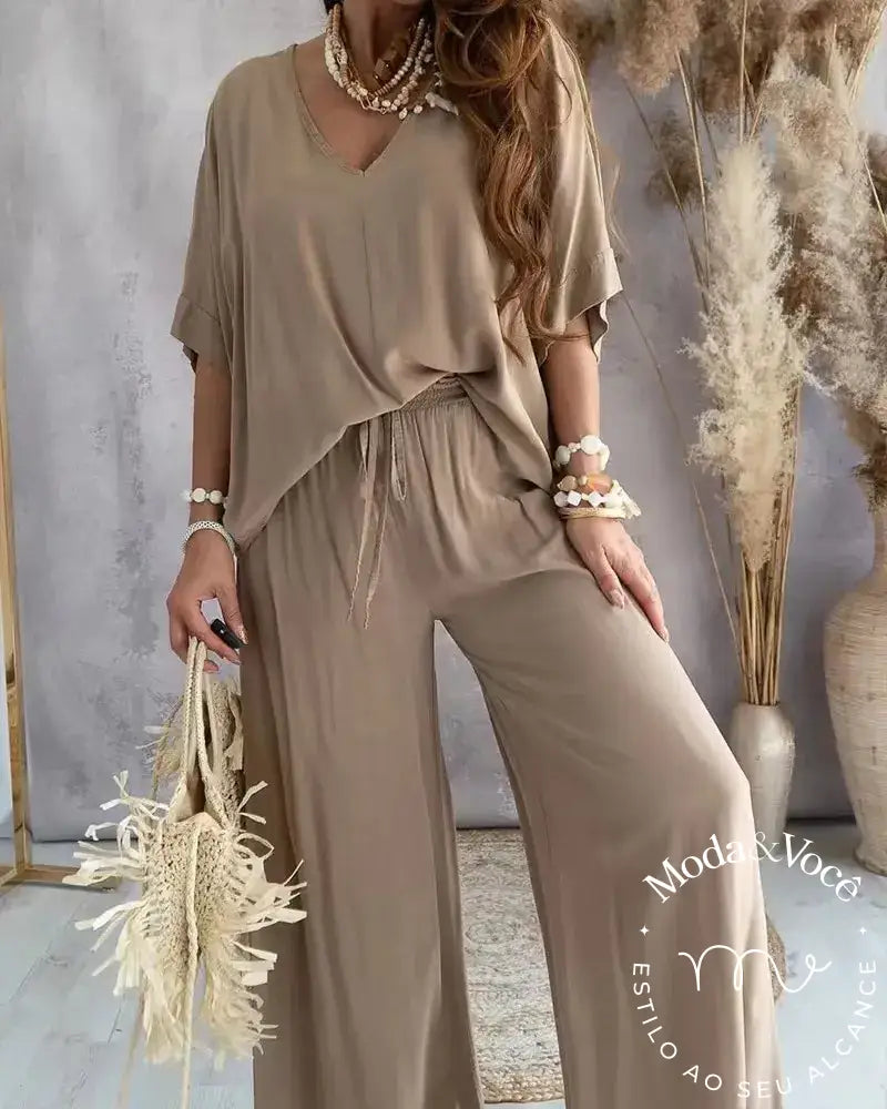 2023 Long Pant Sets Summer Two Piece Set For Women V Neck Bat Sleeve Casual Loose Wide-Leg Pants 2