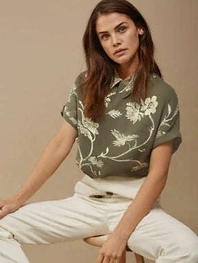 Camisa De Linho Com Bordado Floral Vintage Magda