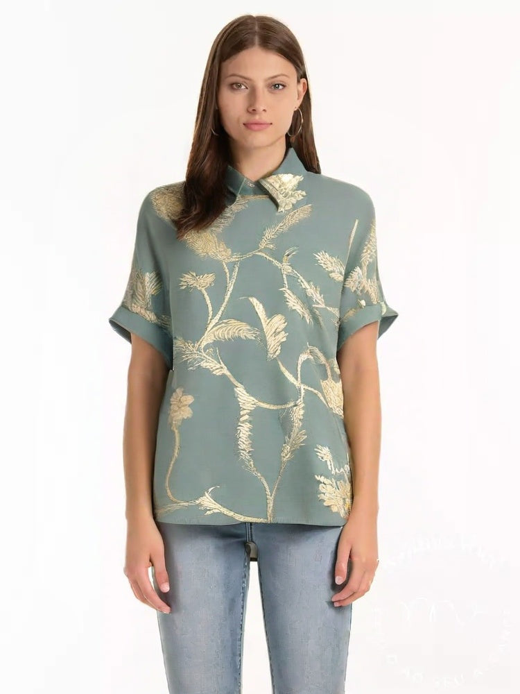 Camisa De Linho Com Bordado Floral Vintage Magda Verde / P