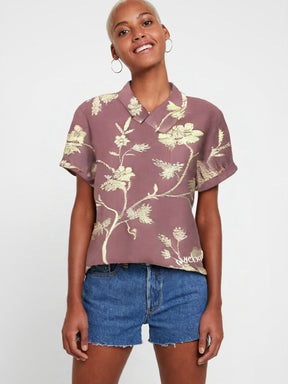 Camisa De Linho Com Bordado Floral Vintage Magda Cáqui / P