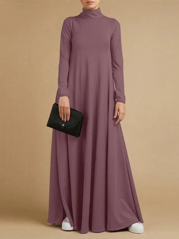 Vestido Maxi Casual Solto 4 Cores Com Gola Alta E Mangas Compridas Rosa / P