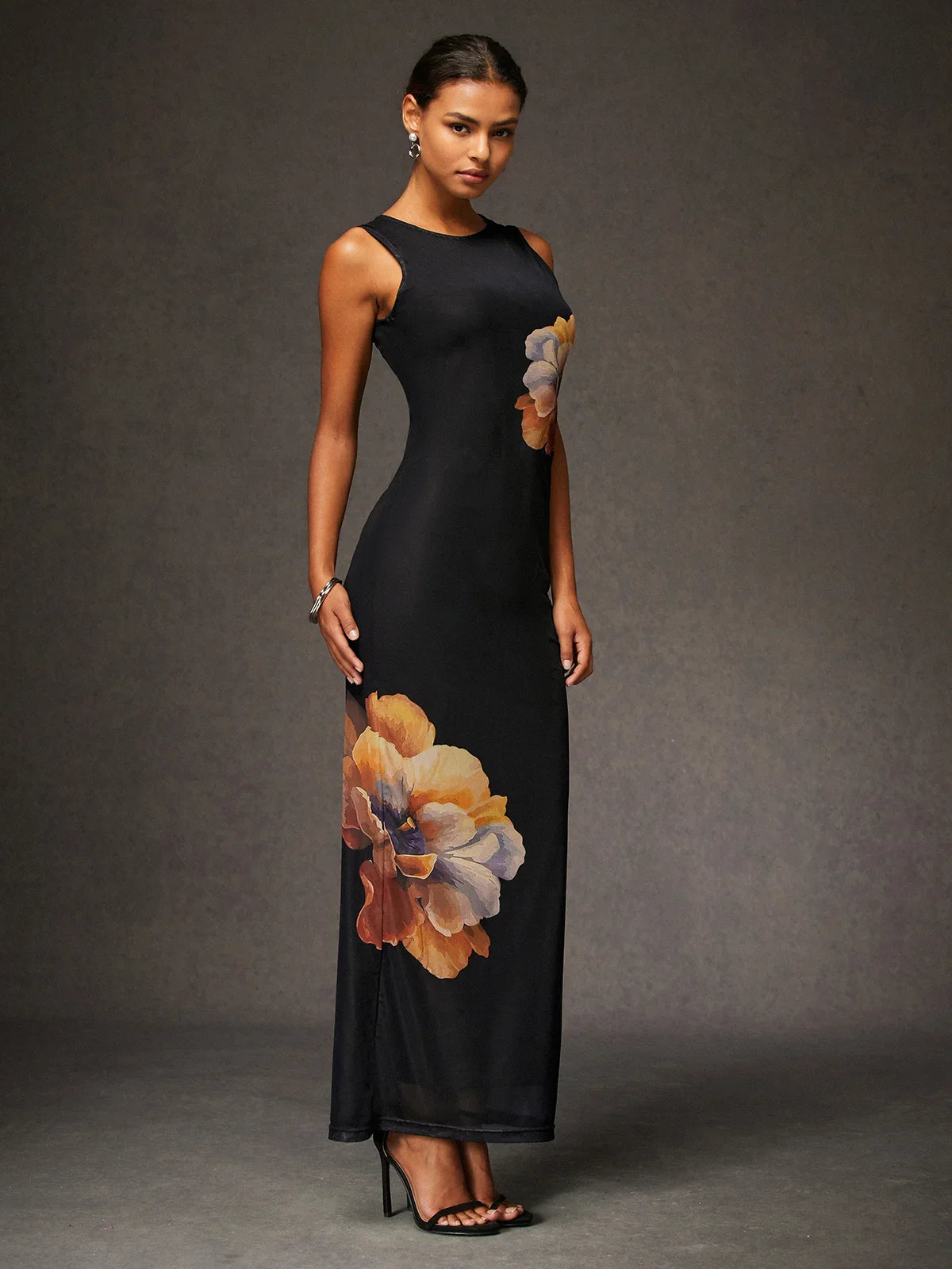 Vestido Longo Floral Básico De Alta Elasticidade Preto / P
