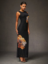 Vestido Longo Floral Básico De Alta Elasticidade Preto / P