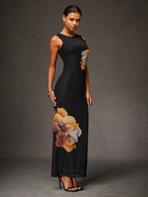 Vestido Longo Floral Básico De Alta Elasticidade Preto / P