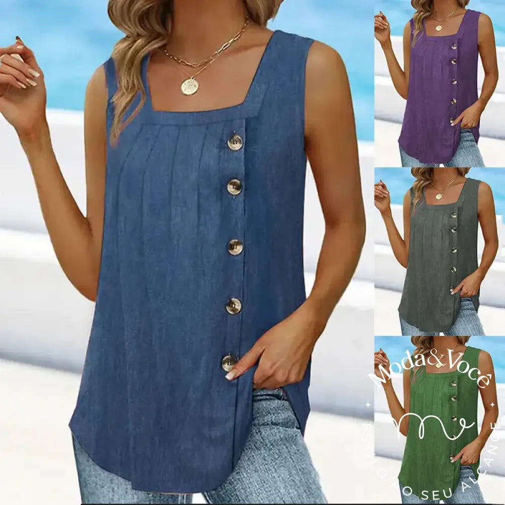 Summer New Women’s Pleated Square Neck Sleeveless Swallowtail Button Tank Top For Women