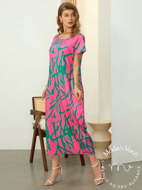 Vestido Casual Abstrato Solto Com Gola Redonda