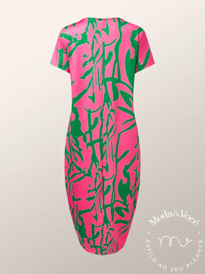 Vestido Casual Abstrato Solto Com Gola Redonda