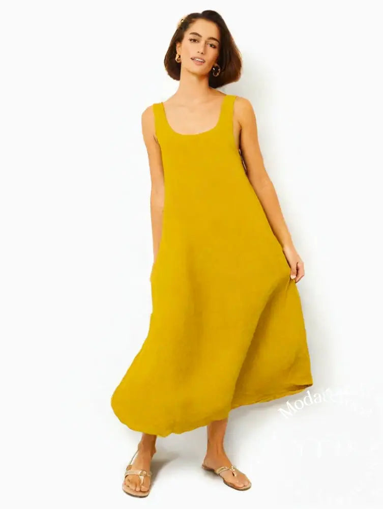 Vestido De Linho Braga Amarelo / P Ve01