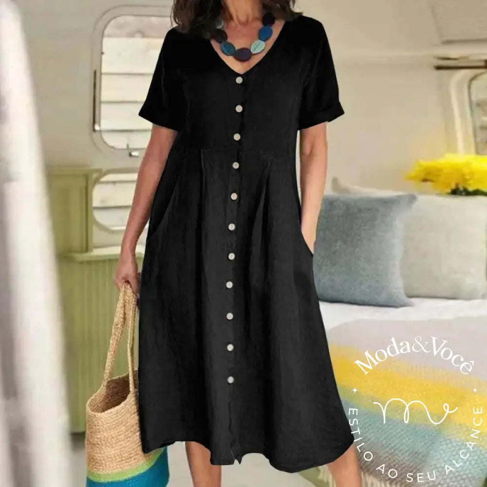 Women’s Clothing Summer Casual V Neck Short Sleeve Cotton Linen Midi Dress Solid Loose High Waist