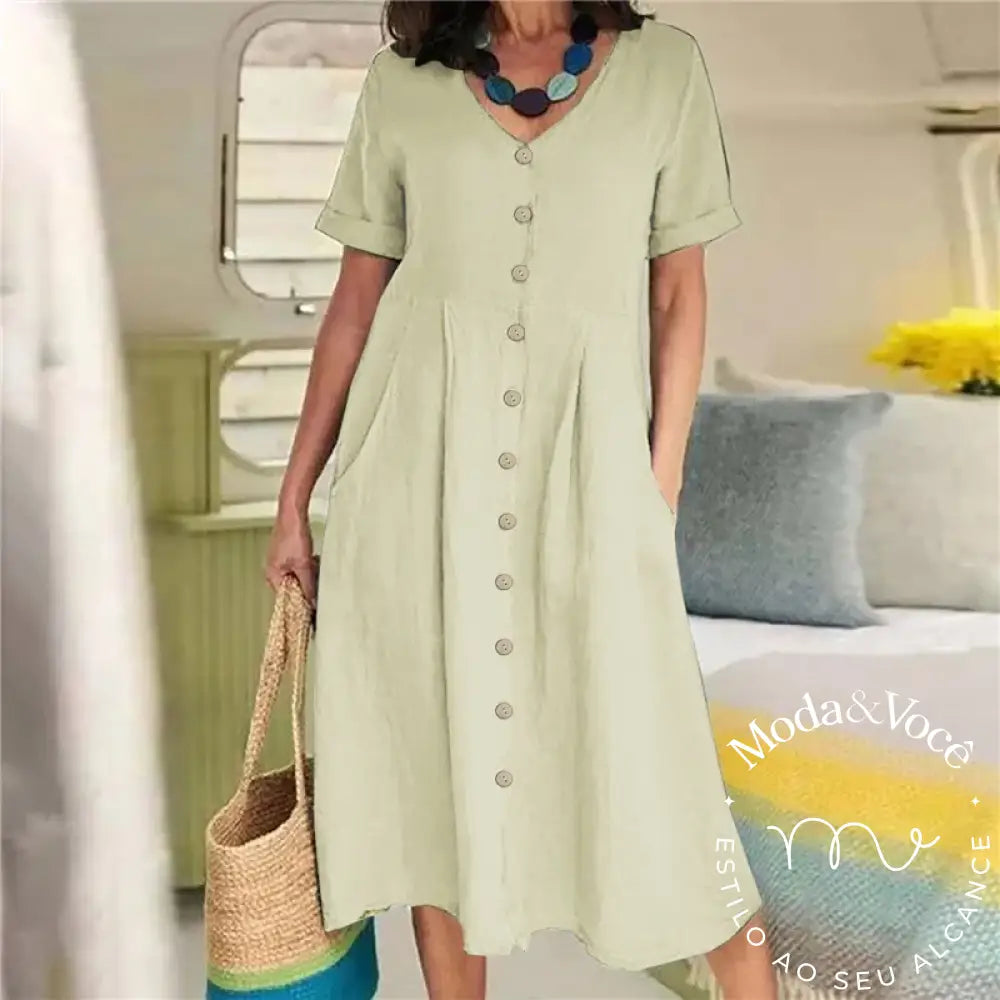 Women’s Clothing Summer Casual V Neck Short Sleeve Cotton Linen Midi Dress Solid Loose High Waist