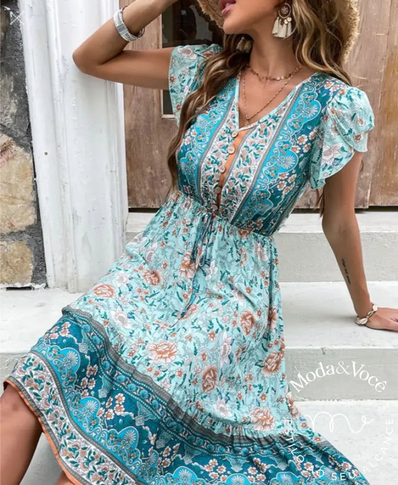 Vestido Midi Floral Em Viscose Ve46