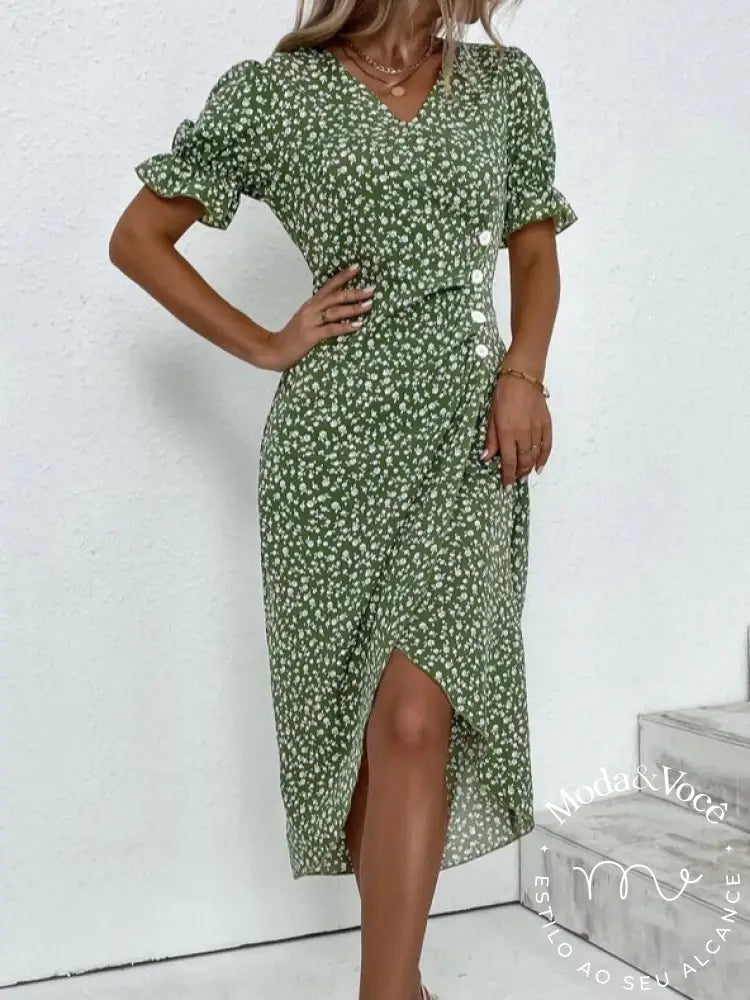 Vestido De Verão Floral Senhora Elegante Vestidos Midi Com Decote Em V Para Férias