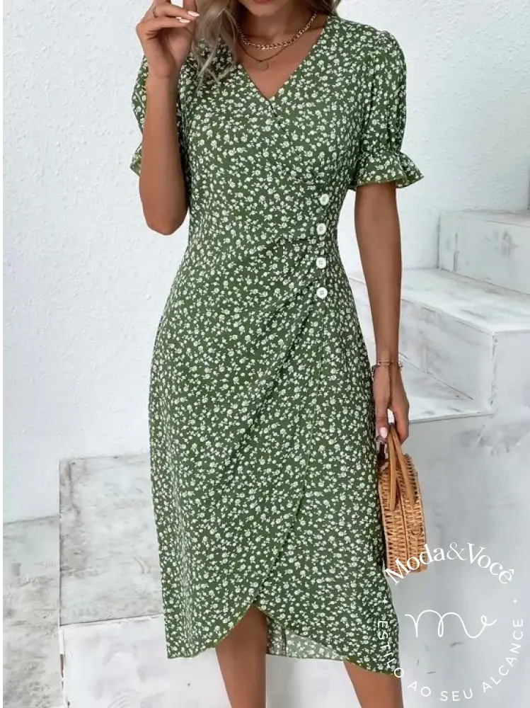 Vestido De Verão Floral Senhora Elegante Vestidos Midi Com Decote Em V Para Férias