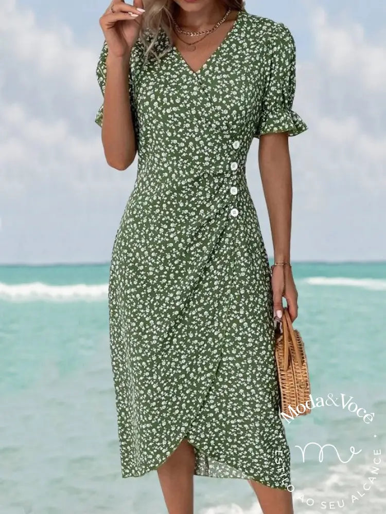 Vestido De Verão Floral Senhora Elegante Vestidos Midi Com Decote Em V Para Férias Verde / P