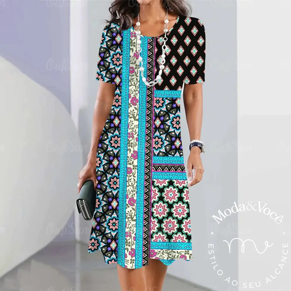 Summer Dresses For Women Fashion Colorblock Print Top Holiday Casual Short Sleeve Harajuku Floral