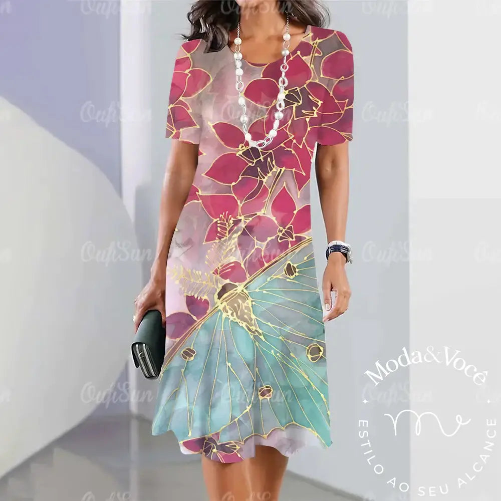 Summer Dresses For Women Fashion Colorblock Print Top Holiday Casual Short Sleeve Harajuku Floral