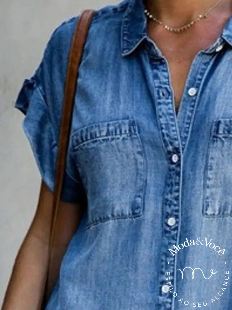 Summer New Single Breasted Denim Shirt Dress Womens Casual Loose Pocket Simple Retro Commuter Female