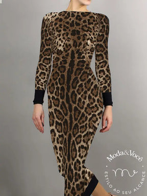 Vestido Longo Justo Com Estampa De Leopardo Decote Canoa Elegante E Alta Elasticidade P