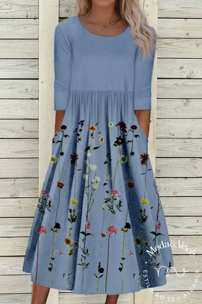 Vestido Midi Casual Com Estampa Floral E Gola Redonda Mangas Compridas