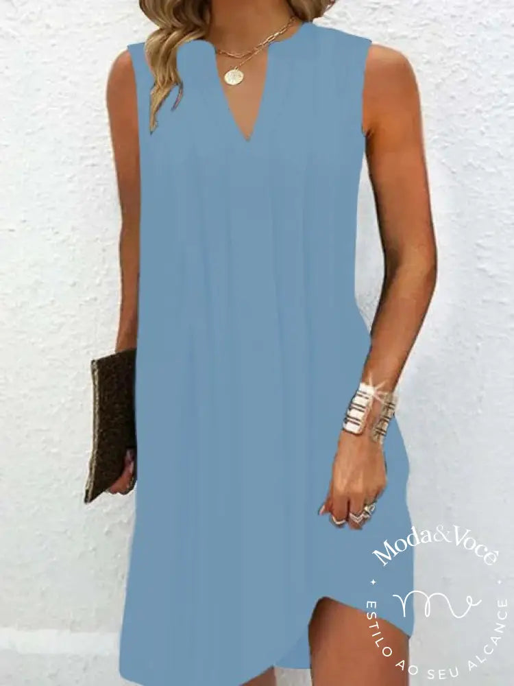 Vestido Largo Casual De Cor Sólida Com Decote Em V Azul